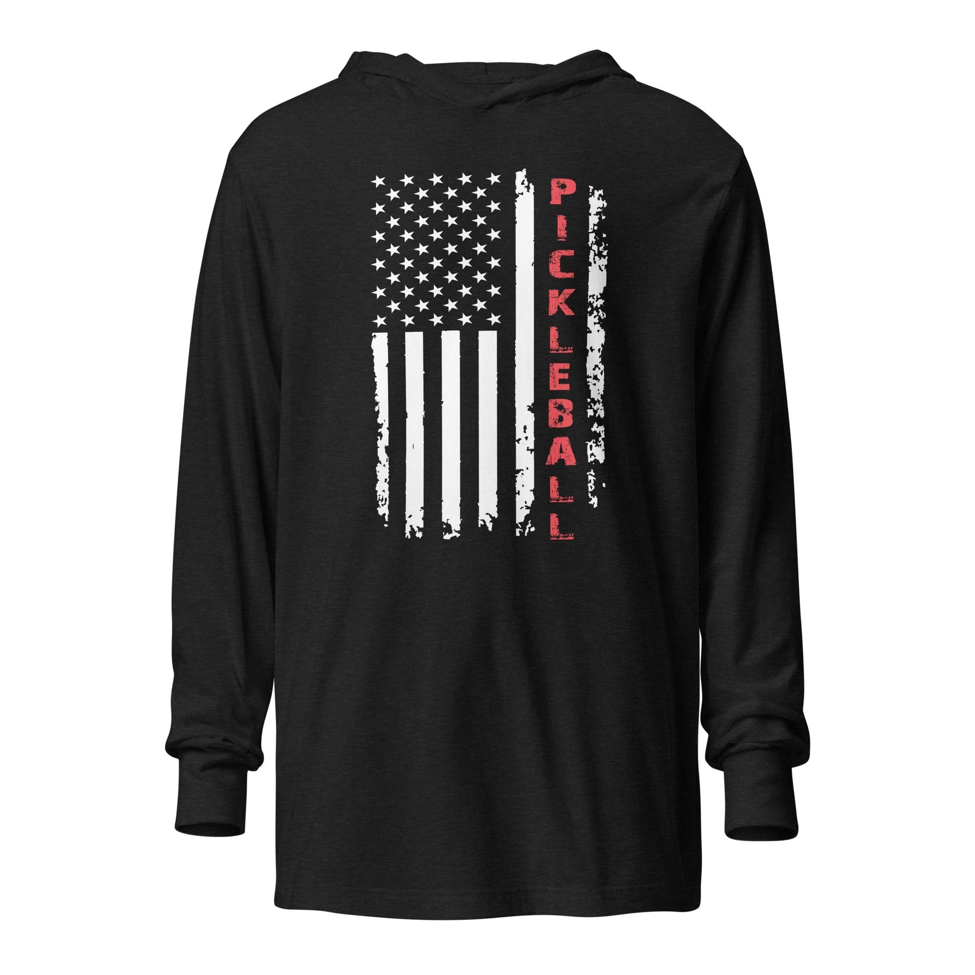 Pickleball American Flag Hooded Long Sleeve Tee – Red, White & Play - Charcoal - Black Triblend