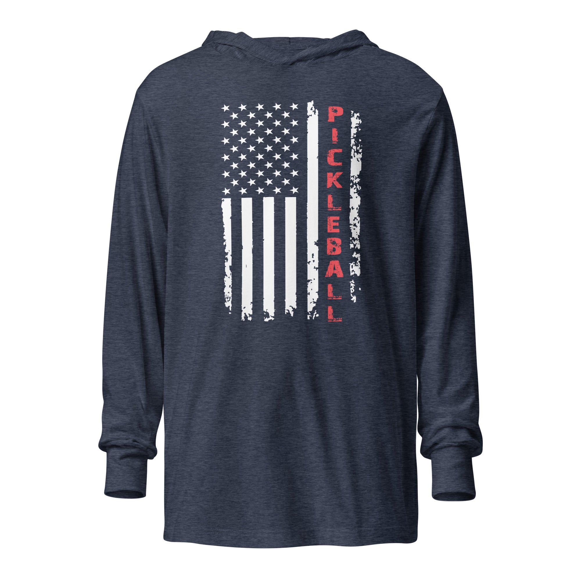 Pickleball American Flag Hooded Long Sleeve Tee – Red, White & Play - Heather Navy