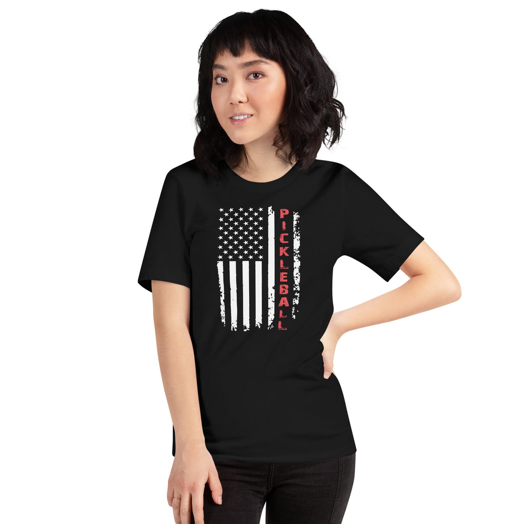 Pickleball American Flag T-Shirt – Patriotic Red, White & Dink - Black