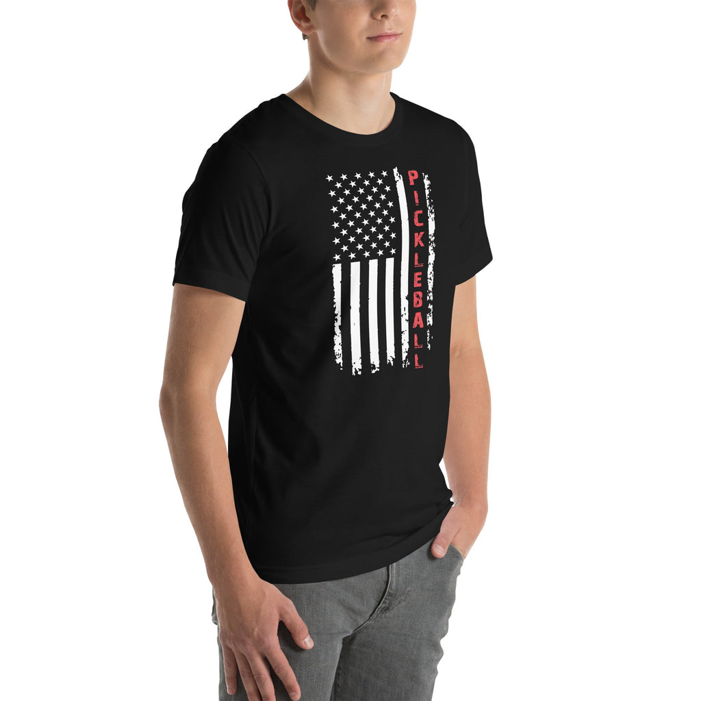 Pickleball American Flag T-Shirt – Patriotic Red, White & Dink - Black