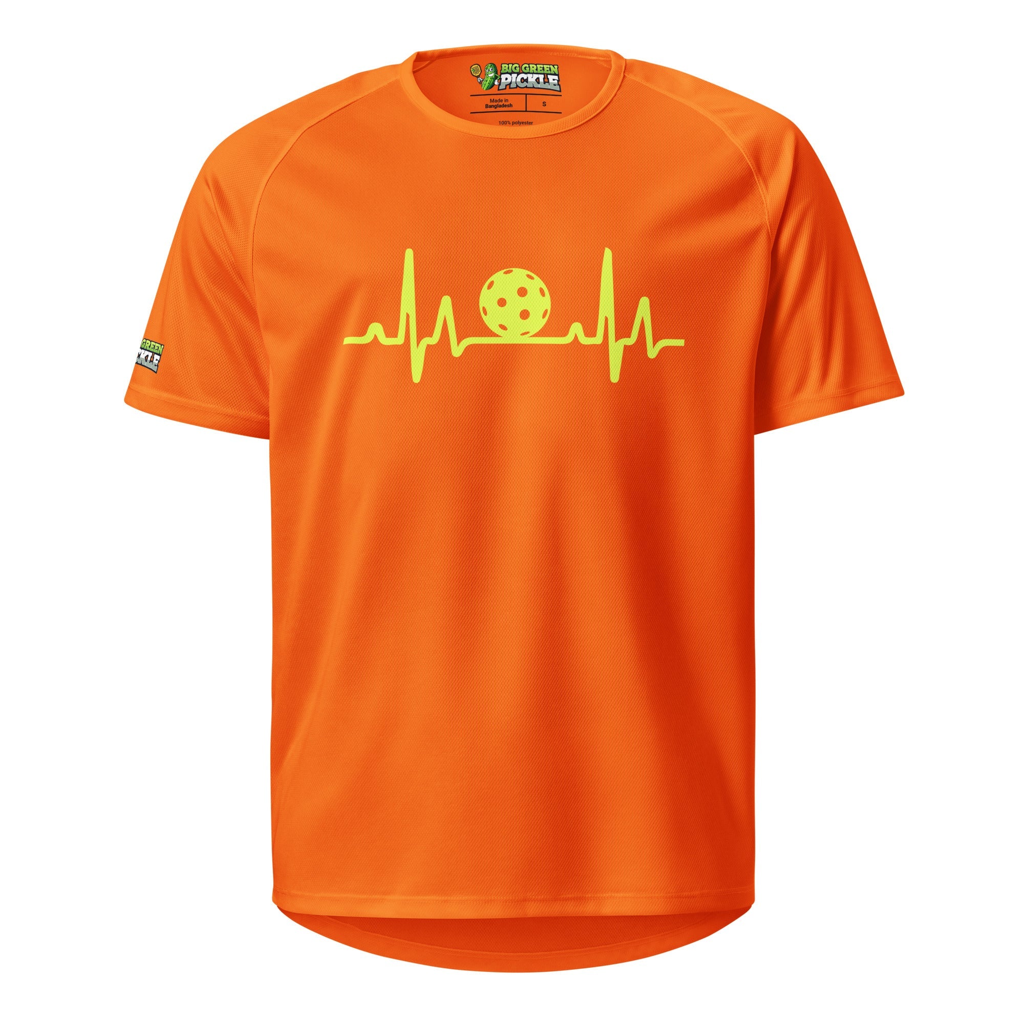 Pickleball Heartbeat on Moisture Wicking Polyester Mesh T-Shirt - Neon Orange