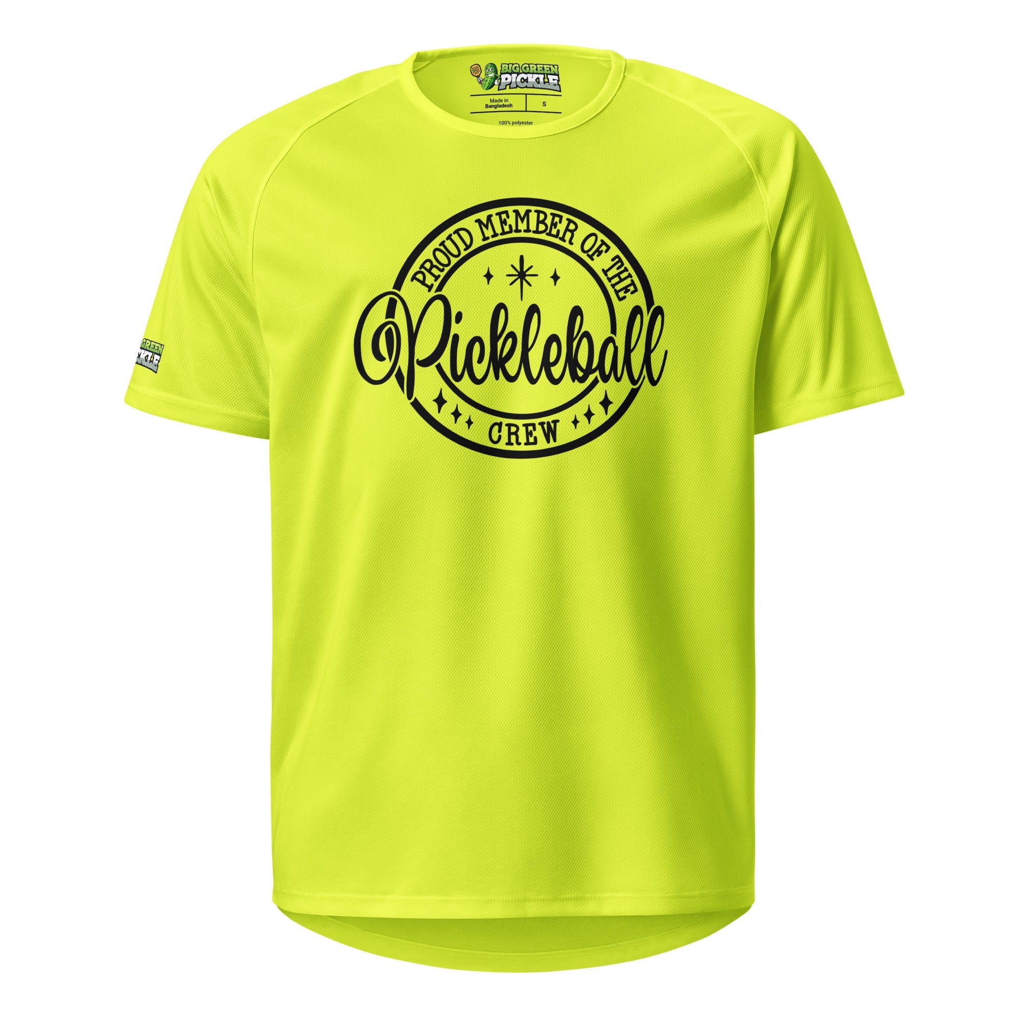 Proud Member of the Pickleball Crew T-Shirt, Moisture Wicking Polyester Mesh Jersey - Neon Yellow