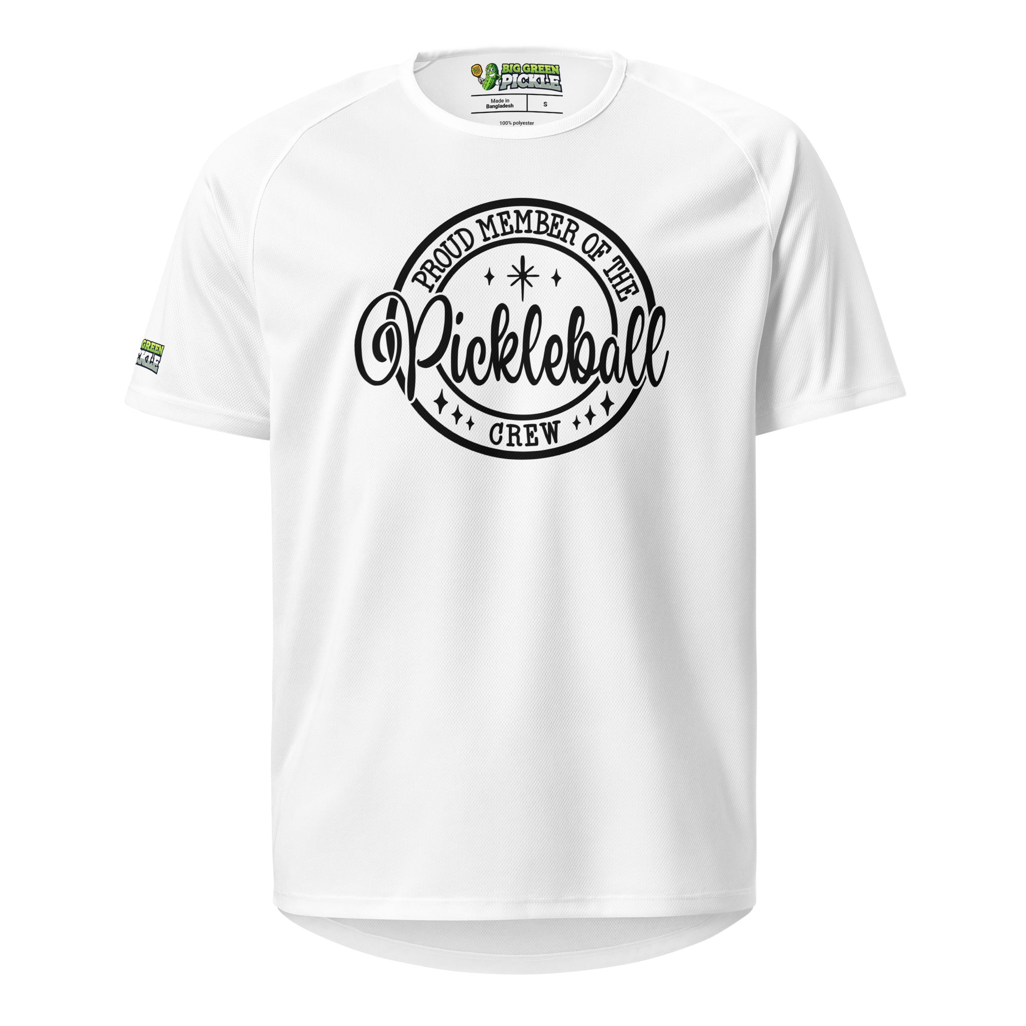 Proud Member of the Pickleball Crew T-Shirt, Moisture Wicking Polyester Mesh Jersey - White