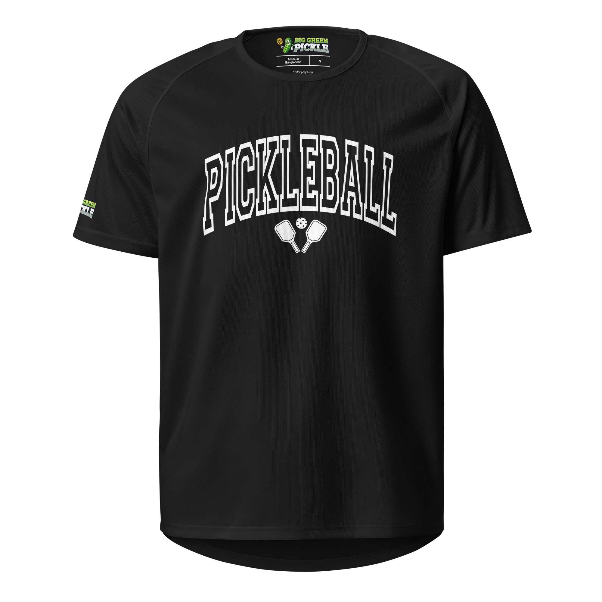 White Arched Letters "PICKLEBALL" on Moisture Wicking Polyester Mesh T-Shirt - Black