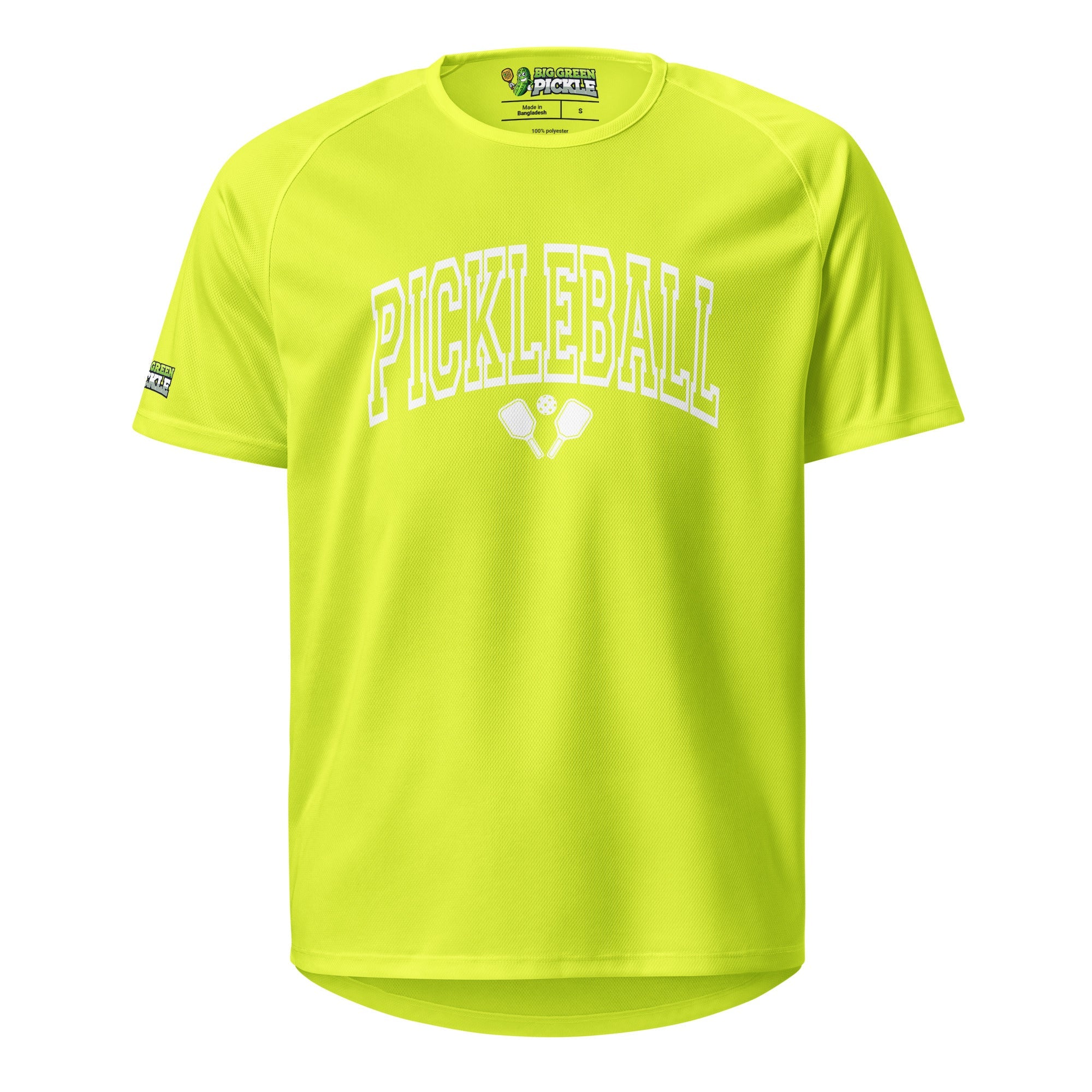 White Arched Letters "PICKLEBALL" on Moisture Wicking Polyester Mesh T-Shirt - Neon Yellow