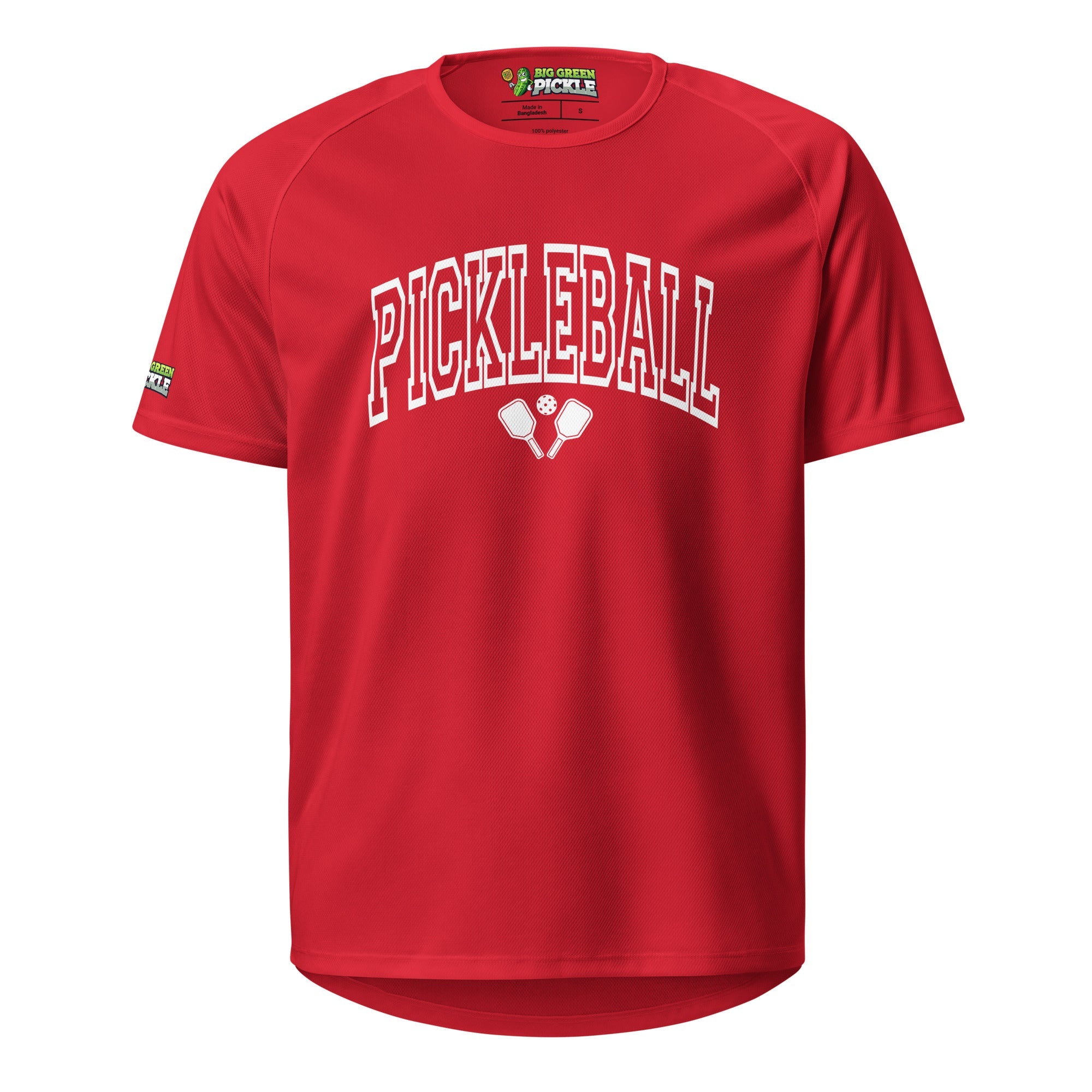 White Arched Letters "PICKLEBALL" on Moisture Wicking Polyester Mesh T-Shirt - Red