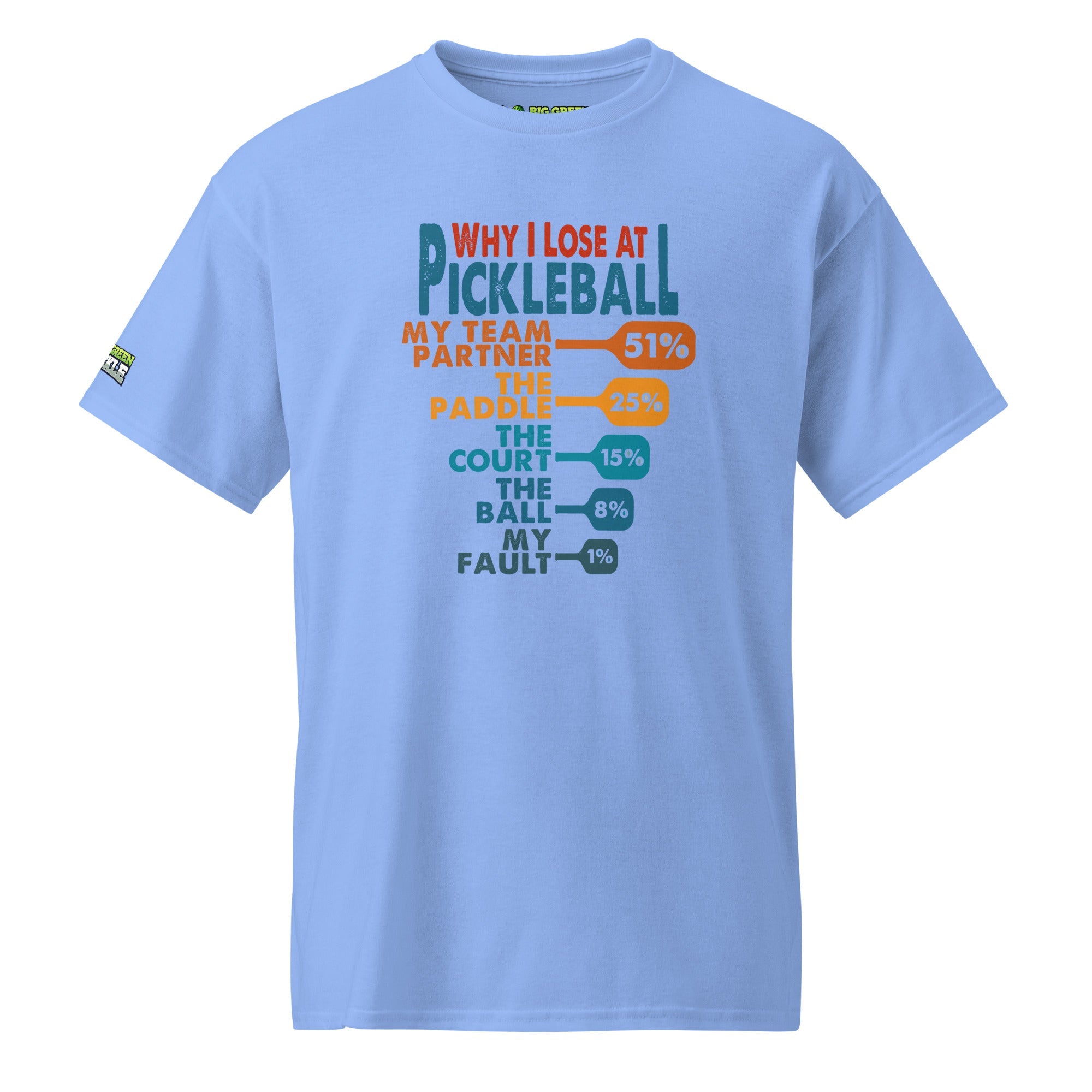 Why I Lose At Pickleball on DryBlend 50/50 T-Shirt - Carolina Blue